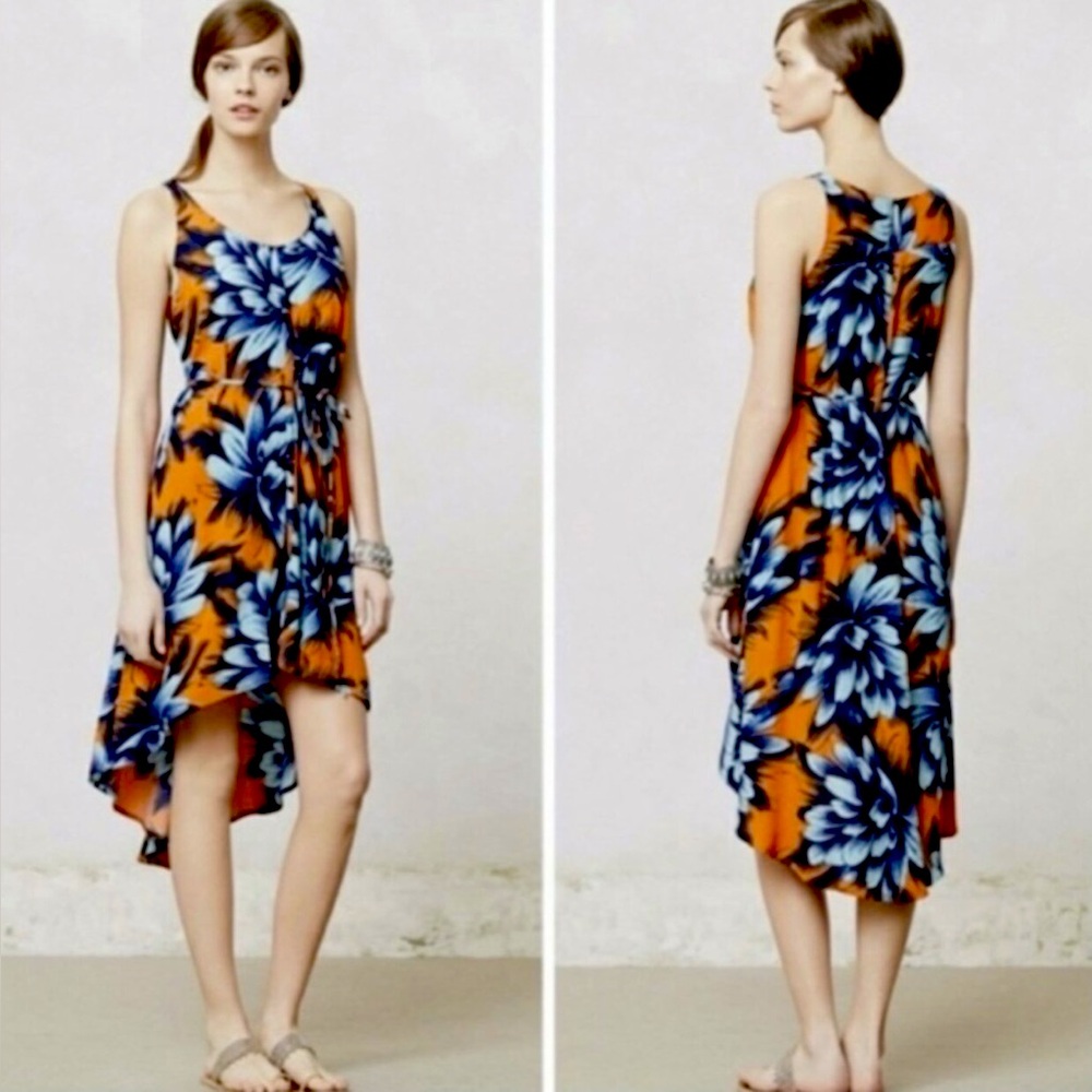 Anthropologie  Maeve Orang And BlueFloral HI-LOW Sleeveless Dress Sz 8